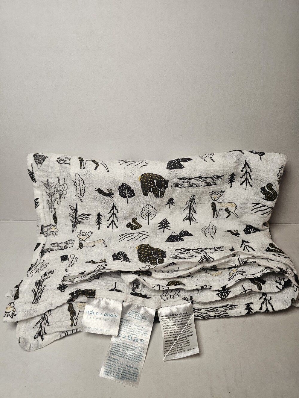 aden + anais Woodland Muslin 100% Cotton Blanket - White w/ Black & Gold Accents